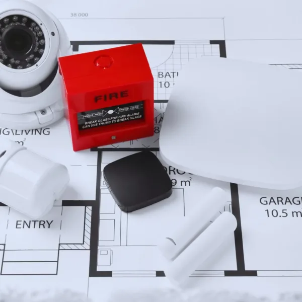 A building blue print seen placed on the table with fire saftey gadgets.