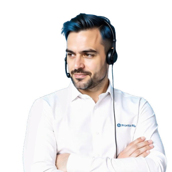 A customer support professional posing for a candid shot wearing headset and arms wraped