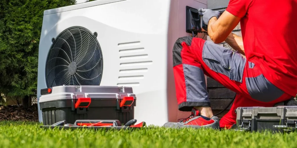 A man seeing sitting on the ground servicing HVAC system with tool box placed right beside him.