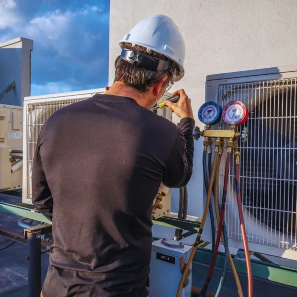 A Pronto MS HVAC professional fixing outer cooling unit with pressure gauges in sight.