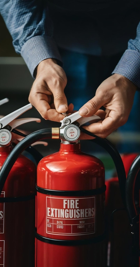 A pair of hands seen in the image of placing a safety pin to fire extinguisher