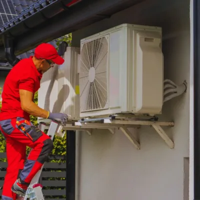 A man standing on the ladder inspecting residential HVAC units.