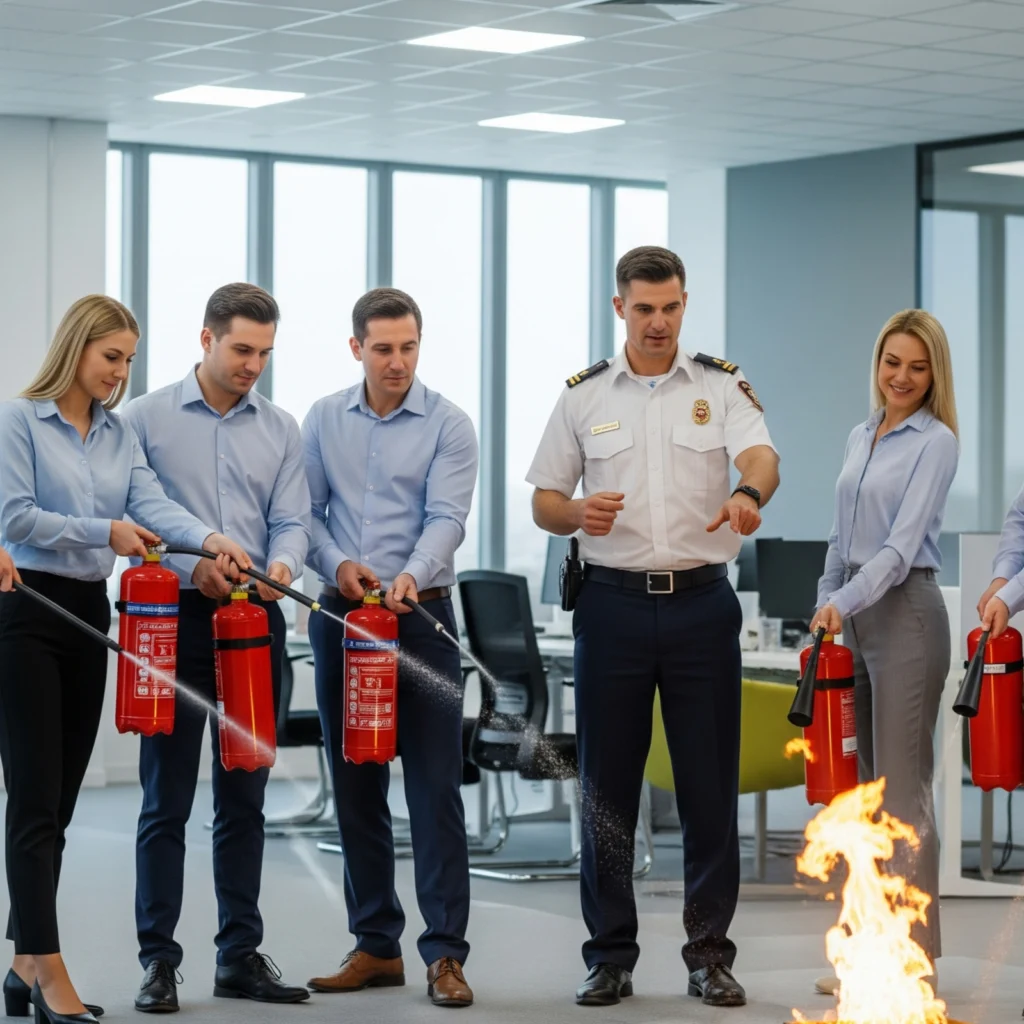 A fire saftey professional in the middle instructing people with fire entinguishers in hands with fire lit up in front. How to deal with fire in case of emergency