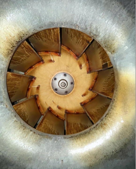 Dirty commercial kitchen exhaust fan blades.