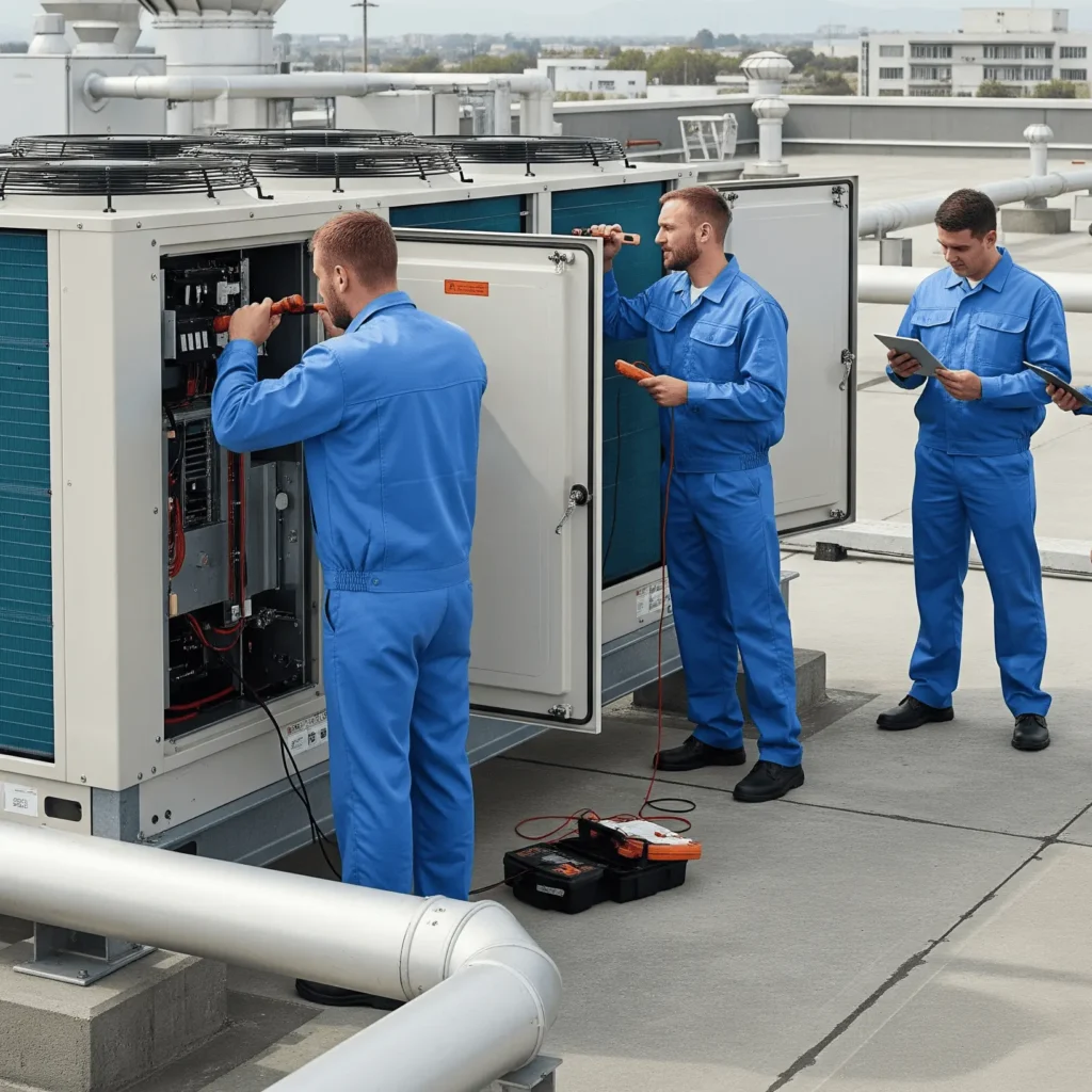 Three men inspecting commercial air conditioning equipment.