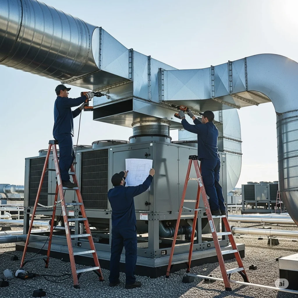 Three Pronto MS professional installing commercial HVAC equipment.