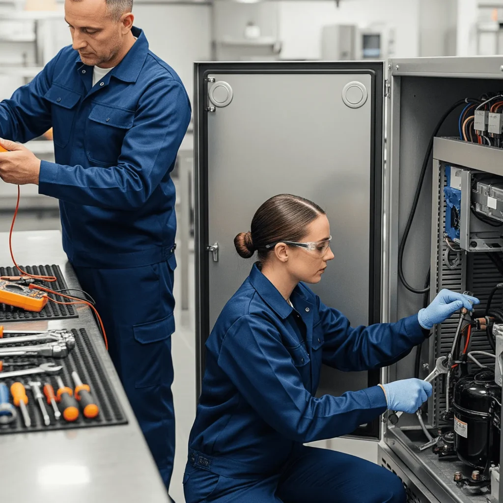 Two Pronto MS professionals inspecting commercial refrigration equipments.