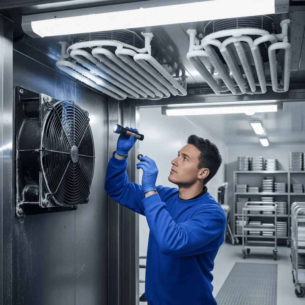 A technician wearing blue jumper suit inspecting commericial refrigration equipment