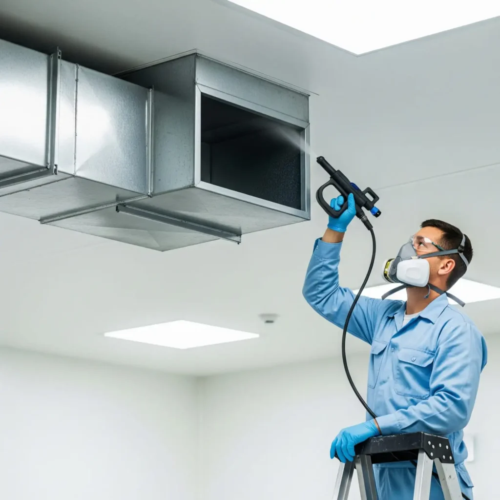 Pronto MS technician standing upon the ladder wearing sky blue jumper suit with white mask on his face sanitizing commercial ventilaiton system.