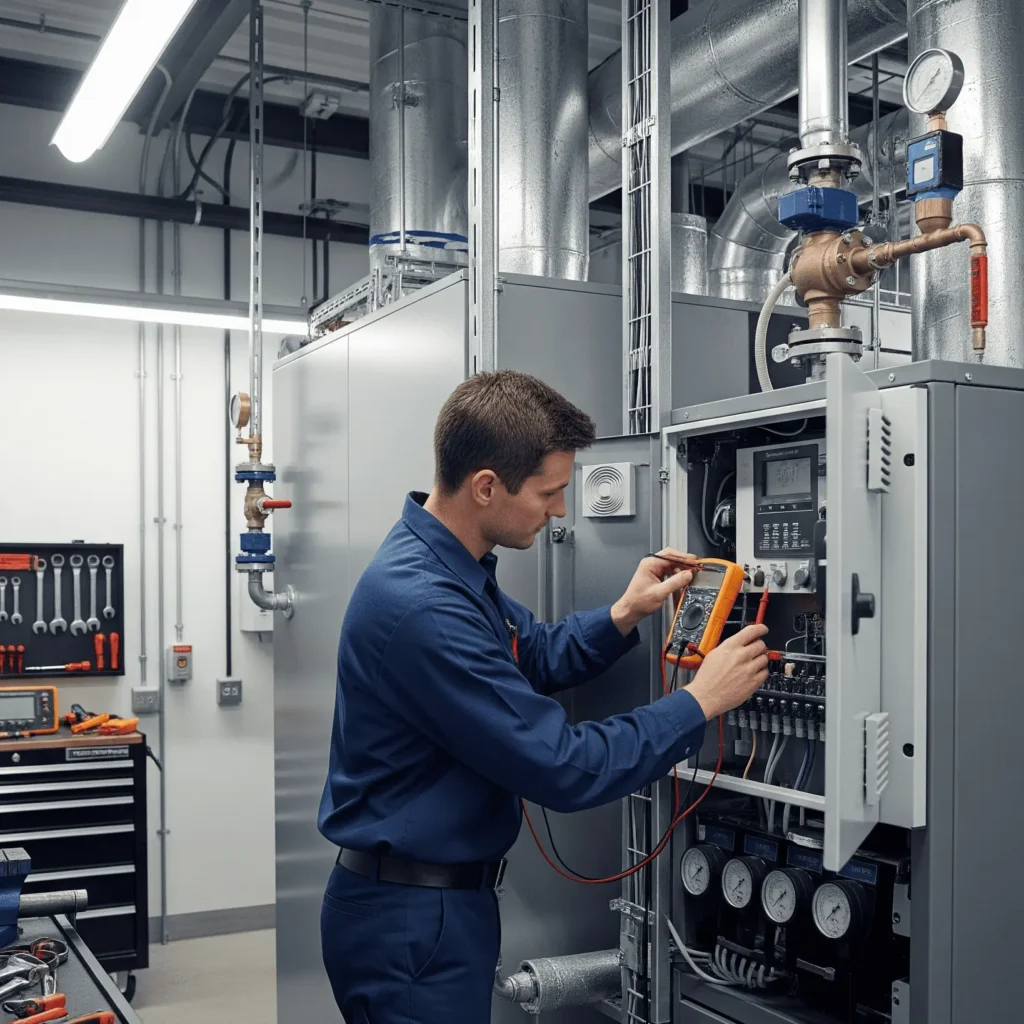 A professional inspecting commercials heating saftey panels.