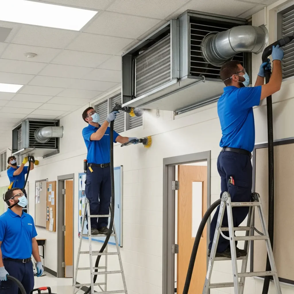 Technicians cleaning and sanitizing educational institution HVAC systems.