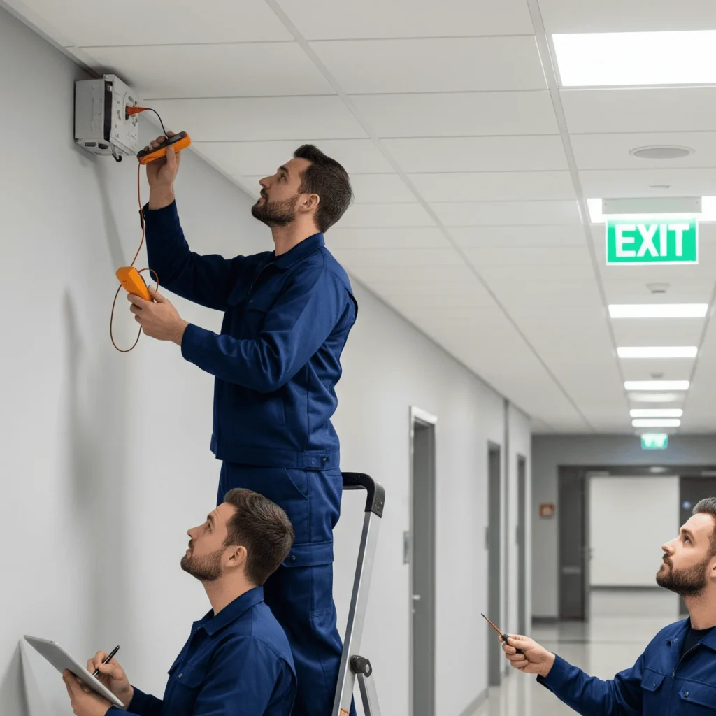 Three men in frame. One checking the device standing on the ladder. While the one beneath taking readings. And the third one behined handing tools