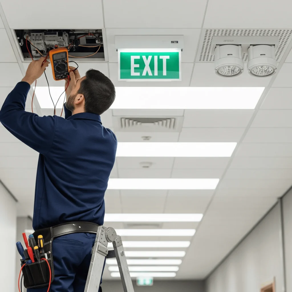 A professional checking emergency lights with tools pocket wrap around his waist and standing on the ladder. With the exit sign in green right beside his head. This is the image of the hallway