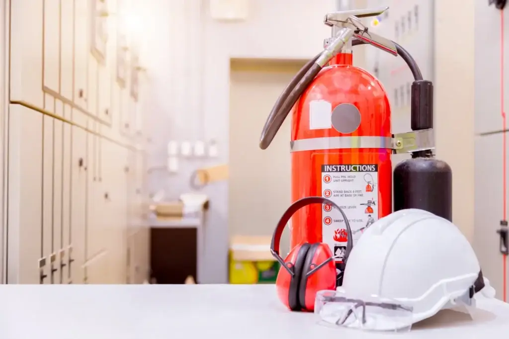 A image of Fire Extinguisher, safety helmet and safety headset