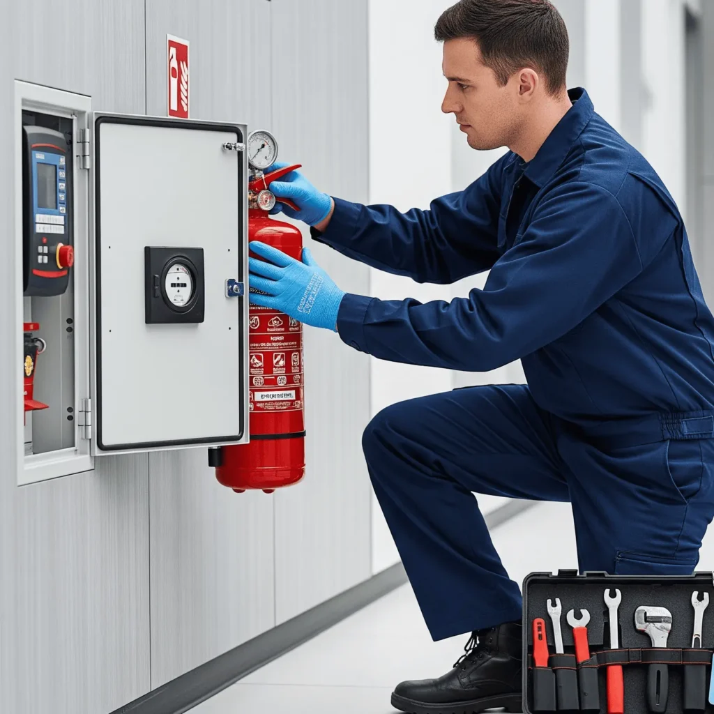 Pronto MS fire safetty professional installing fire extinguisher along side fire saftey panel.