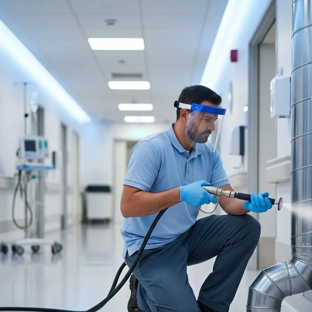A man wearing sky blue T-shirt and blue jeans sitting on one knee with glass face mask on his face sanitizing health care facility.