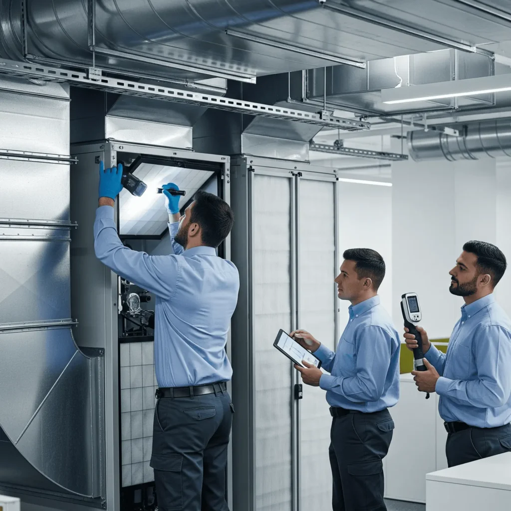 Three men inspecting indoor air quality systems.