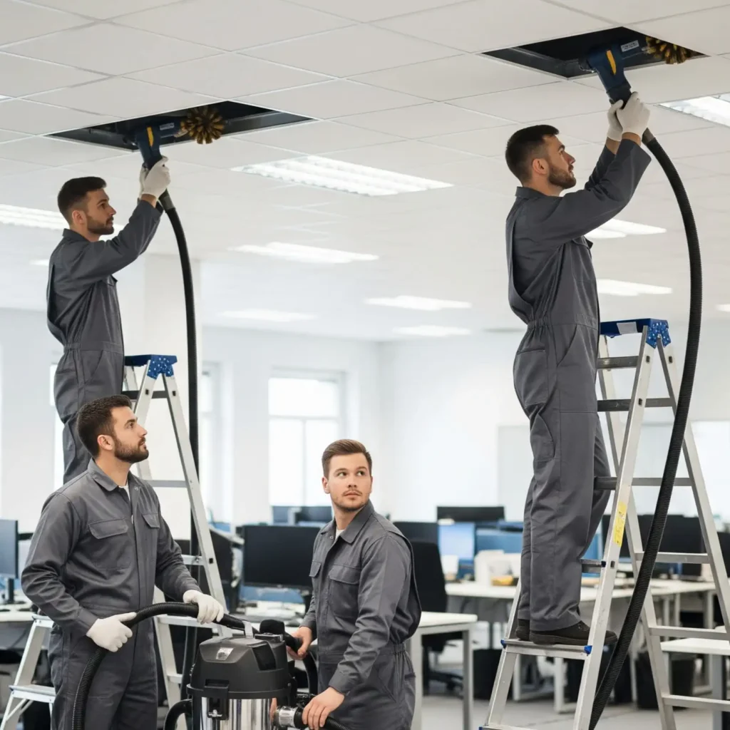 4 professionals wearing grey jumper suits with two standing upon the ladder and performing air duct cleaning.
