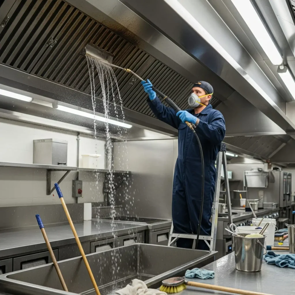 A man wearing blue jumper with mask on his face cleaning kitchen exhaust with water spray gun.