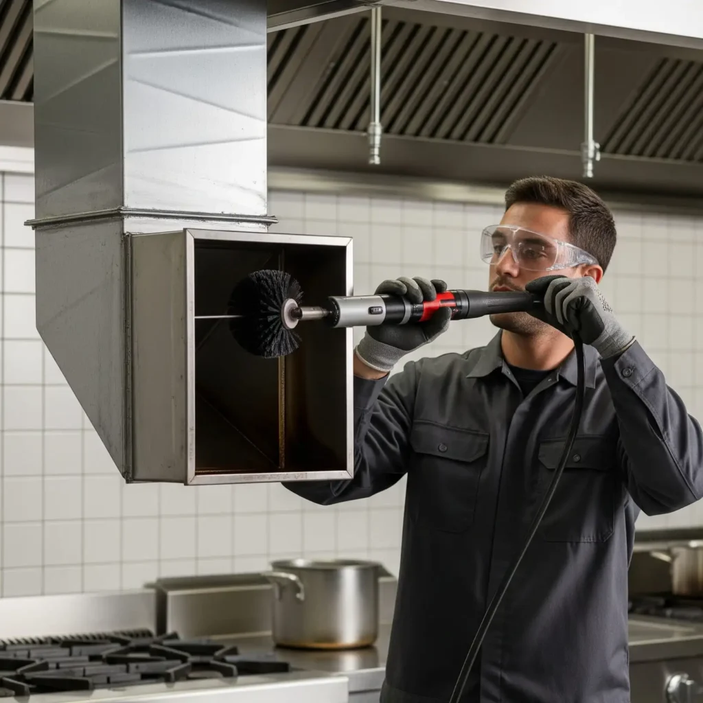 A technician cleaning and sanitizing commercial kitchen exhaust