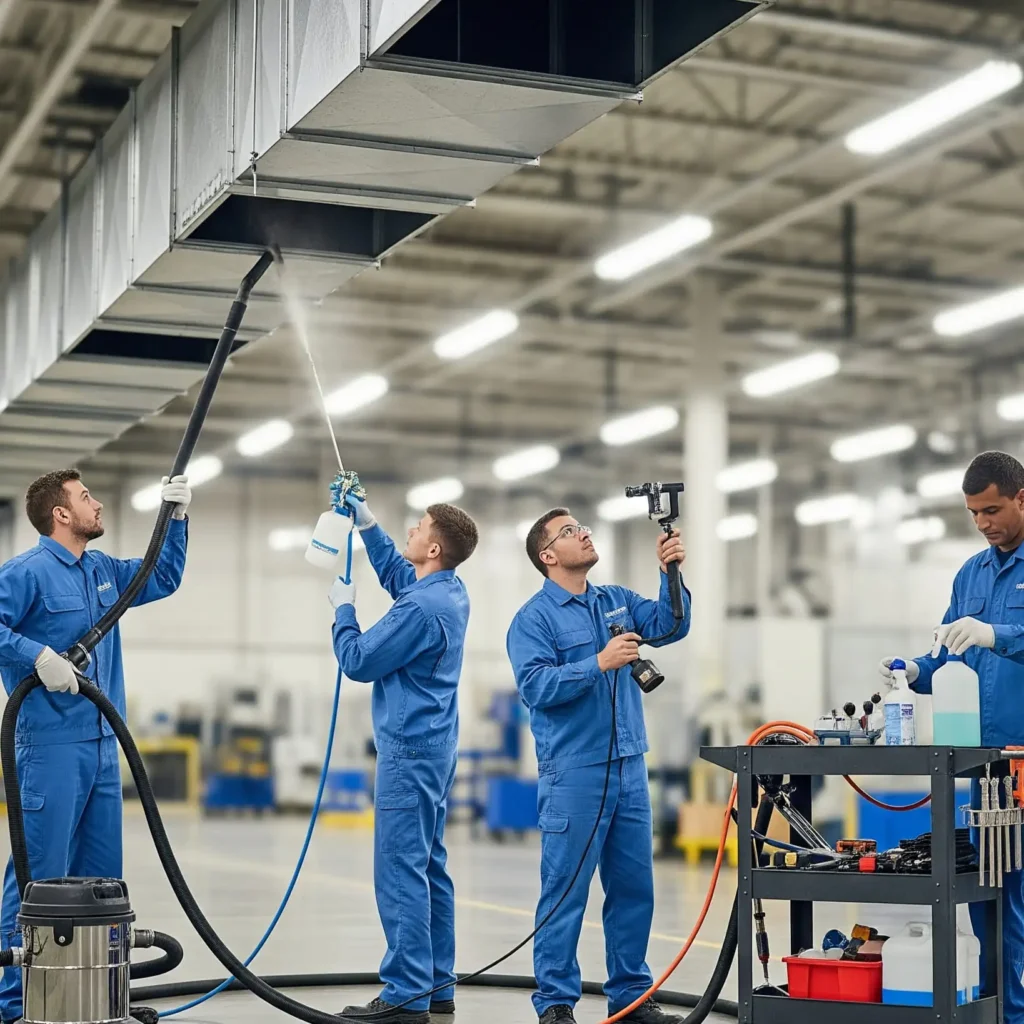 Two technicians washsing ventialtion systems while the on the ground providing support.