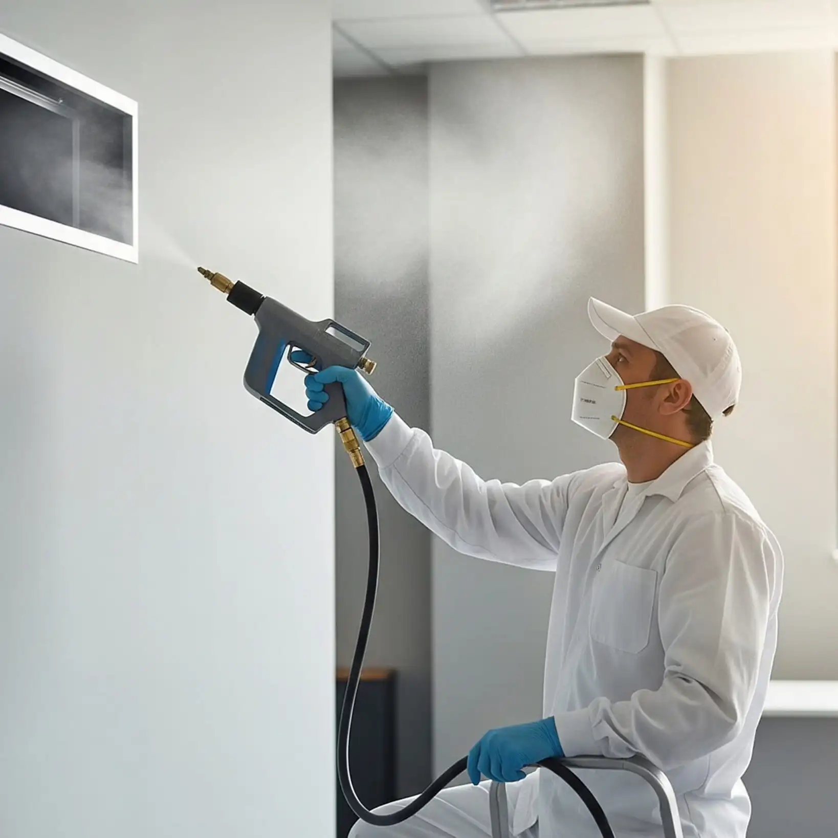 A man white jumper with a cap on his head sanitizing an air outlet.