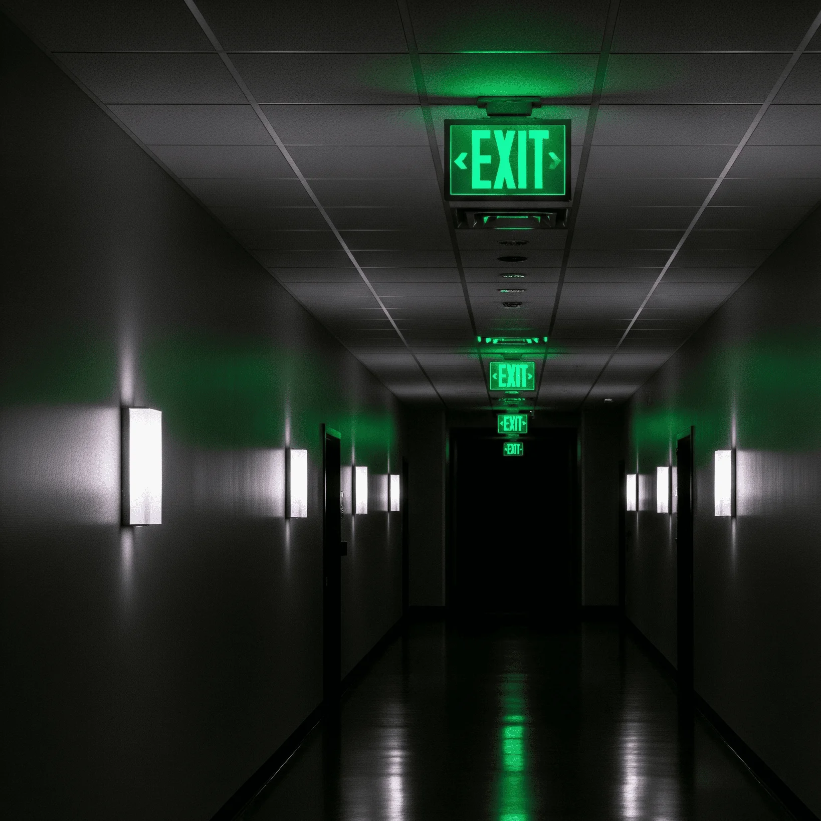A dark hallway with the exit signs lit up in green color on the centre of the ceiling.