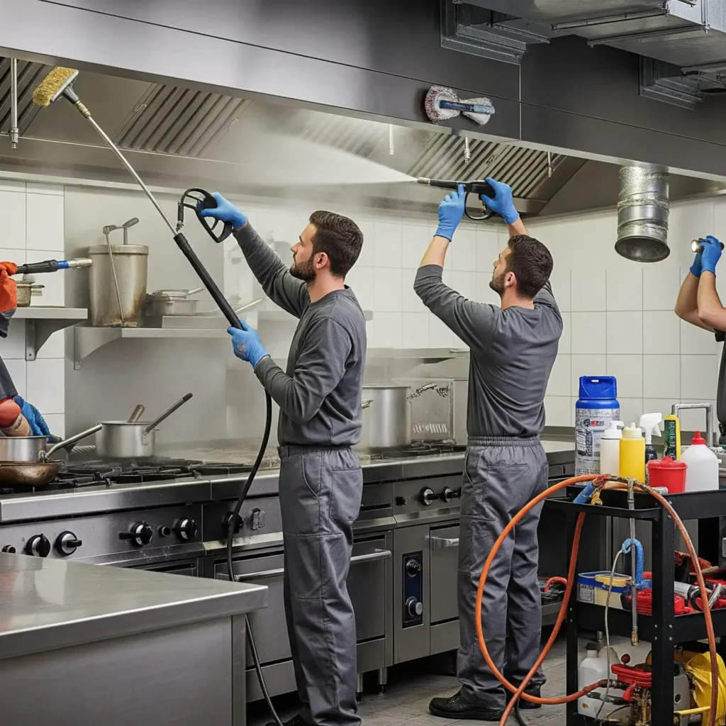 Two Pronto MS professionals cleaning commercial ktichen exhasuts with water sprayers.