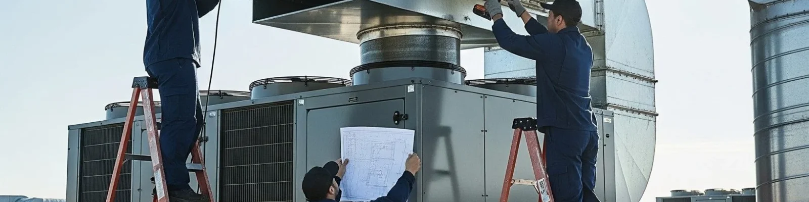 Three Pronto MS professional installing commercial HVAC equipment.