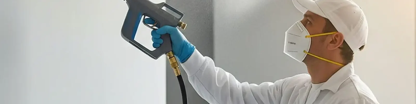 A man white jumper with a cap on his head sanitizing an air outlet.